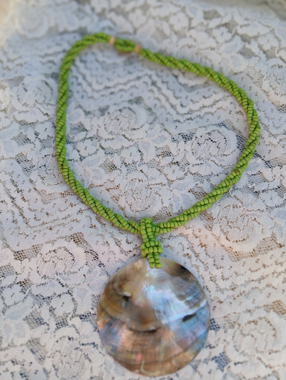 Vintage Green Beaded Necklace with Iridescent Shell Pendant Button Closure